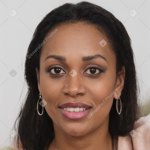 Joyful latino young-adult female with long  brown hair and brown eyes