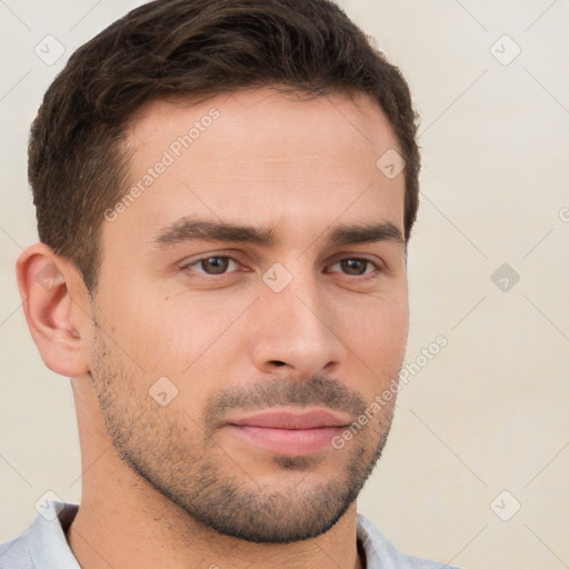 Neutral white young-adult male with short  brown hair and brown eyes