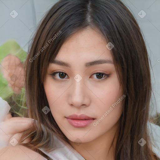 Neutral white young-adult female with medium  brown hair and brown eyes