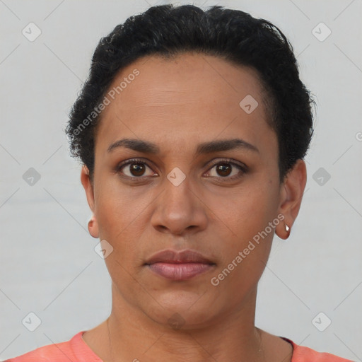 Neutral latino young-adult female with short  black hair and brown eyes