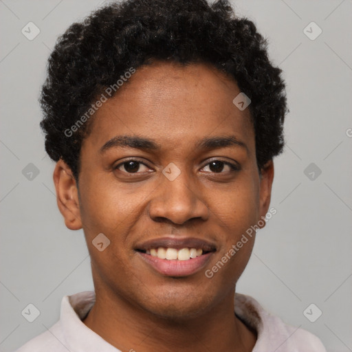 Joyful black young-adult male with short  brown hair and brown eyes