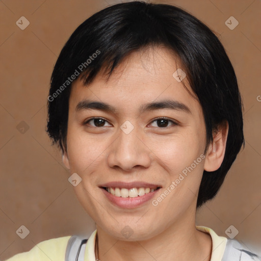 Joyful white young-adult male with medium  brown hair and brown eyes