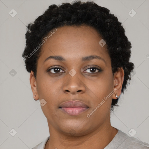 Neutral black young-adult female with short  black hair and brown eyes