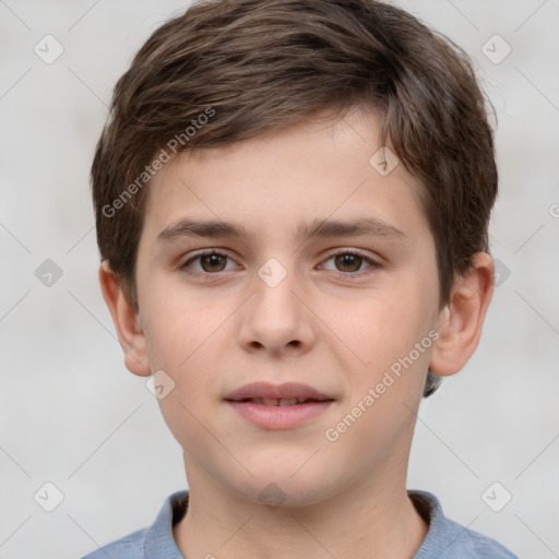 Joyful white child male with short  brown hair and brown eyes