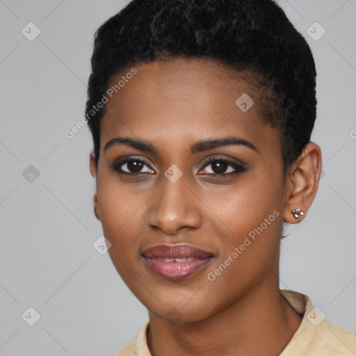 Joyful black young-adult female with short  black hair and brown eyes