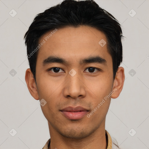 Neutral asian young-adult male with short  black hair and brown eyes