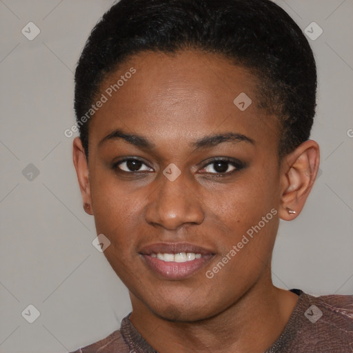 Joyful black young-adult female with short  brown hair and brown eyes