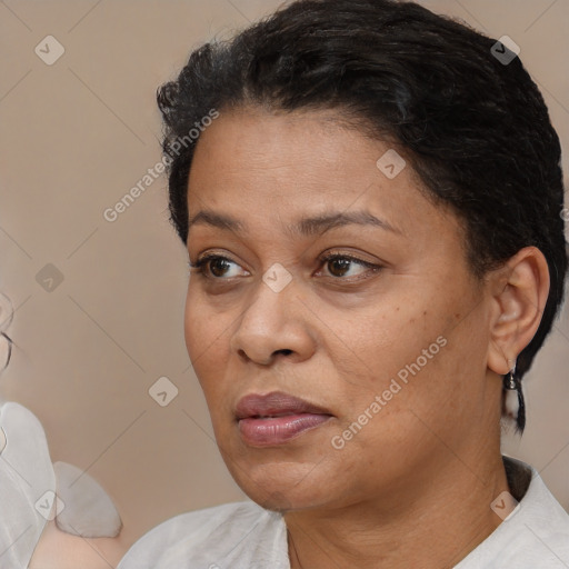 Neutral white adult female with short  brown hair and brown eyes