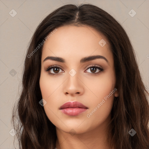 Neutral white young-adult female with long  brown hair and brown eyes