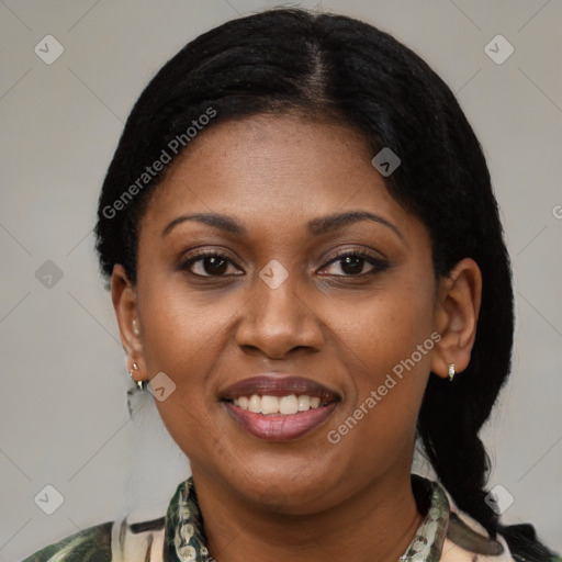 Joyful latino young-adult female with medium  black hair and brown eyes