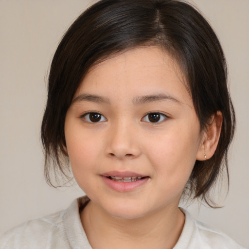 Joyful white child female with medium  brown hair and brown eyes