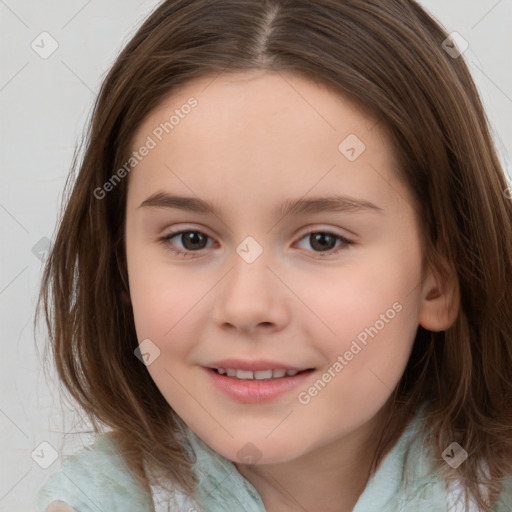 Joyful white child female with medium  brown hair and brown eyes