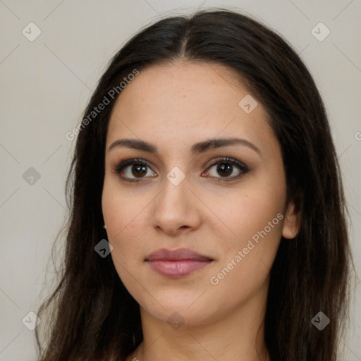 Neutral white young-adult female with long  brown hair and brown eyes