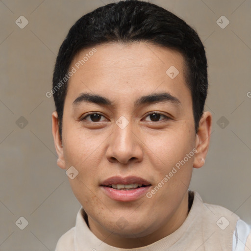 Joyful latino young-adult male with short  brown hair and brown eyes