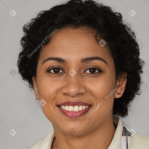 Joyful latino young-adult female with short  brown hair and brown eyes