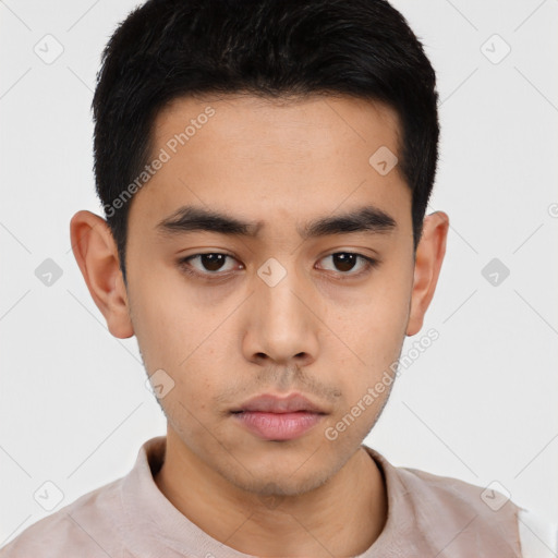 Neutral asian young-adult male with short  black hair and brown eyes