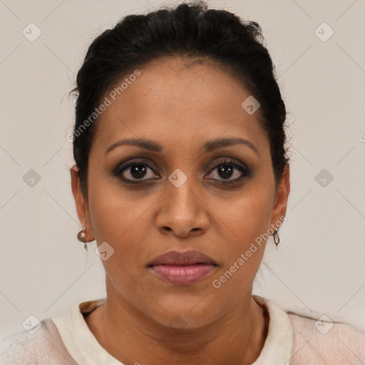 Joyful latino young-adult female with short  brown hair and brown eyes