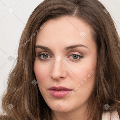 Neutral white young-adult female with long  brown hair and grey eyes