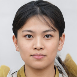 Neutral asian young-adult female with short  brown hair and brown eyes