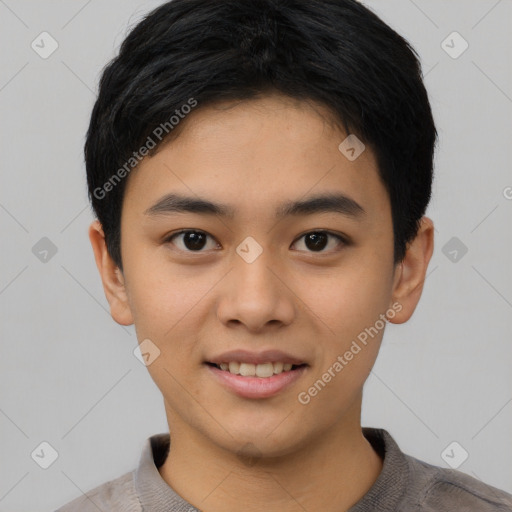 Joyful asian young-adult male with short  black hair and brown eyes