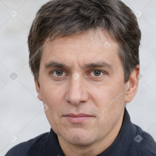 Neutral white adult male with short  brown hair and brown eyes