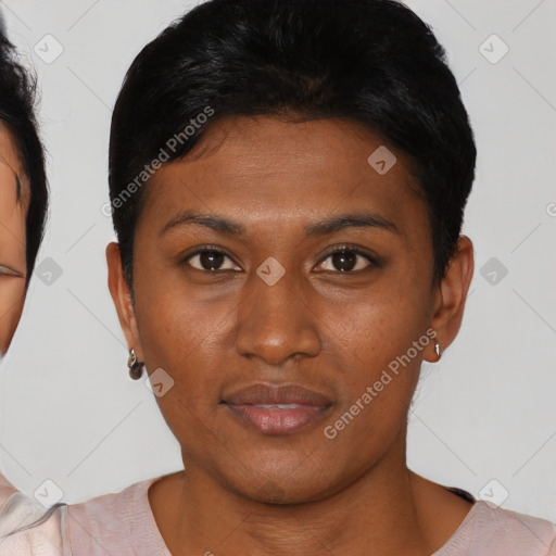 Neutral asian young-adult female with short  black hair and brown eyes