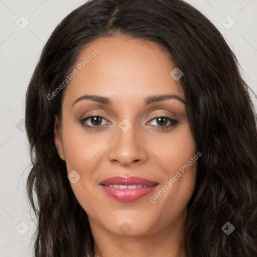 Joyful latino young-adult female with long  brown hair and brown eyes