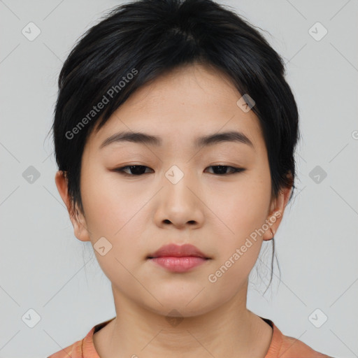 Neutral asian young-adult female with medium  black hair and brown eyes