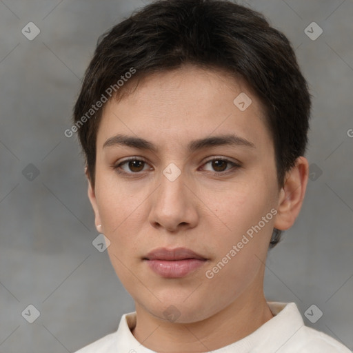 Neutral white young-adult female with short  brown hair and brown eyes