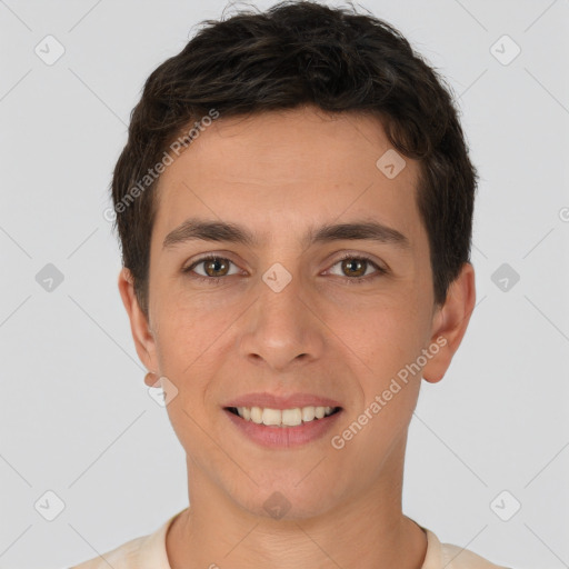 Joyful white young-adult male with short  brown hair and brown eyes