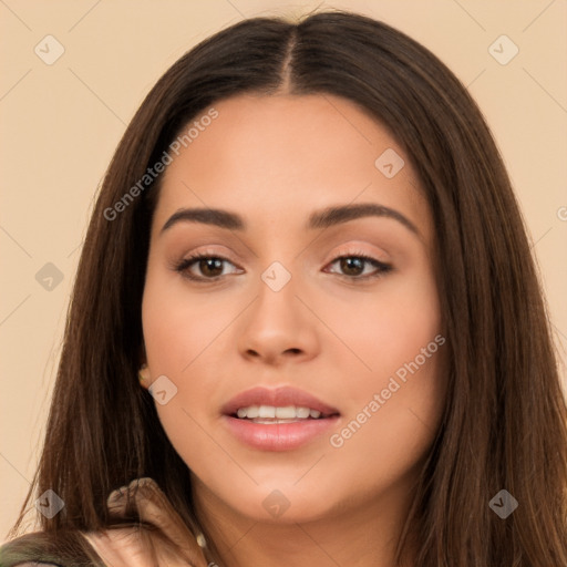 Neutral white young-adult female with long  brown hair and brown eyes