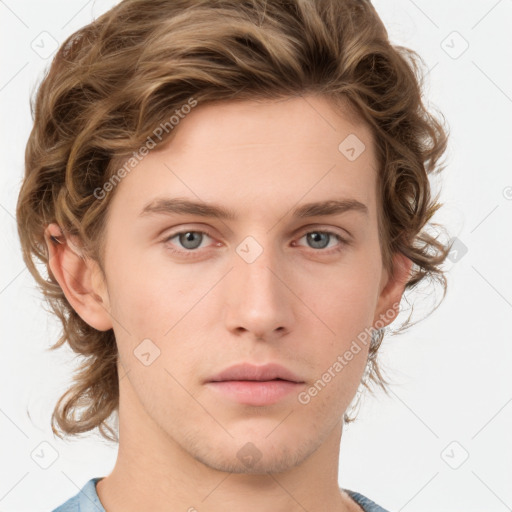 Neutral white young-adult male with medium  brown hair and grey eyes