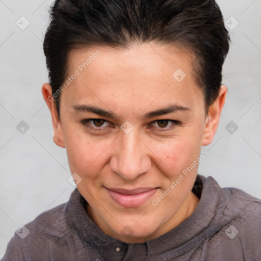 Joyful white adult female with short  brown hair and brown eyes