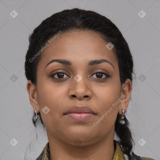 Joyful latino young-adult female with long  black hair and brown eyes