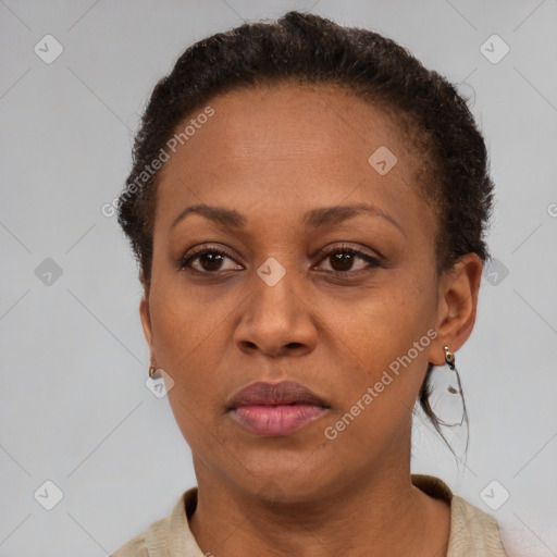 Neutral black adult female with short  brown hair and brown eyes