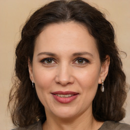 Joyful white adult female with medium  brown hair and brown eyes