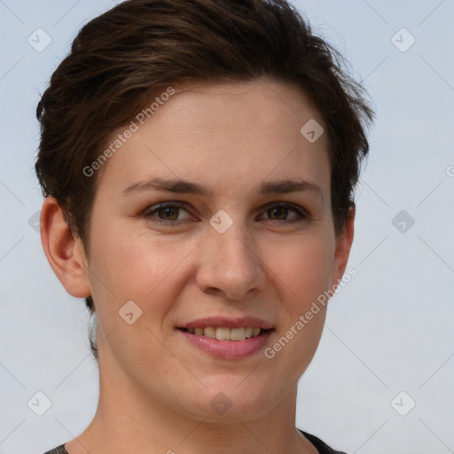 Joyful white young-adult female with short  brown hair and brown eyes