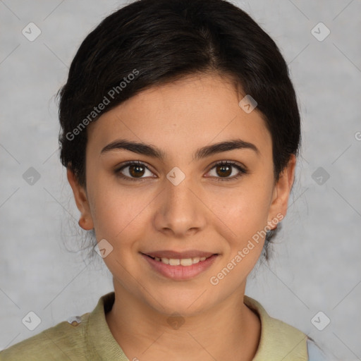 Joyful white young-adult female with short  brown hair and brown eyes