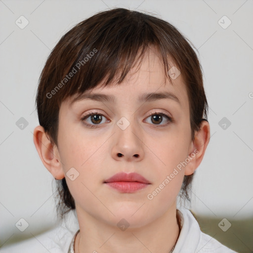 Neutral white young-adult female with medium  brown hair and brown eyes