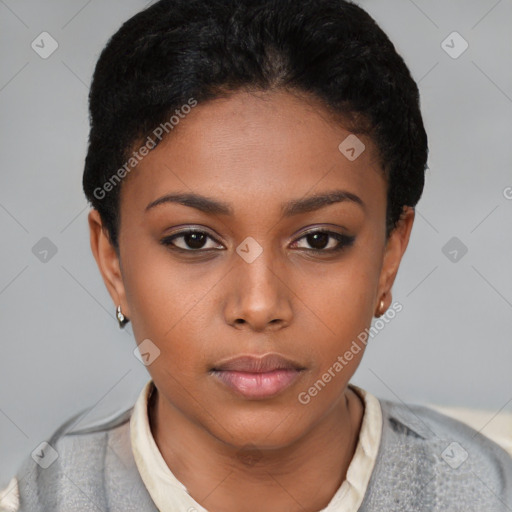 Neutral black young-adult female with short  black hair and brown eyes