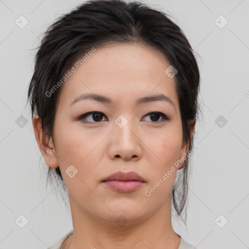 Neutral asian young-adult female with medium  brown hair and brown eyes