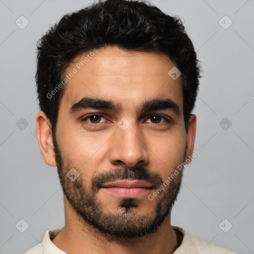 Neutral latino young-adult male with short  black hair and brown eyes