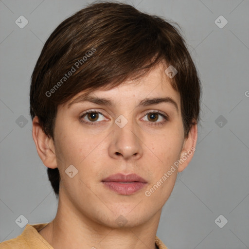 Neutral white young-adult female with short  brown hair and brown eyes