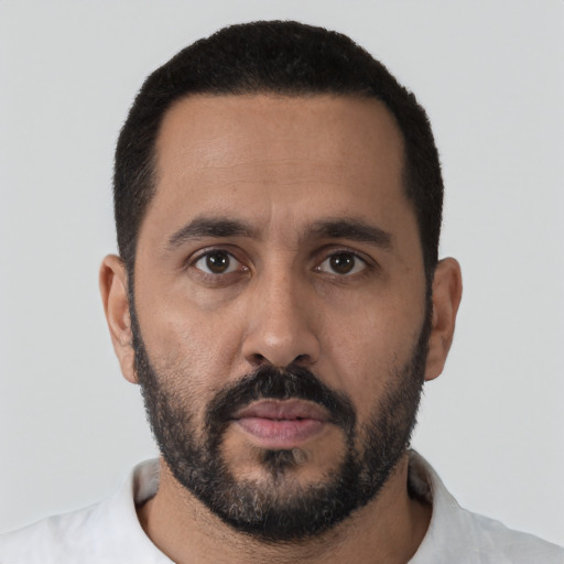 Neutral black adult male with short  black hair and brown eyes