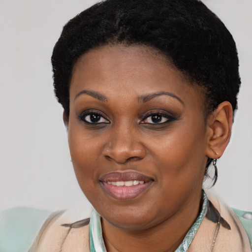Joyful latino young-adult female with short  black hair and brown eyes