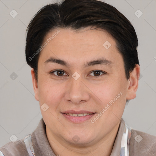 Joyful white young-adult female with short  brown hair and brown eyes