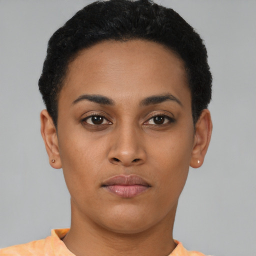 Neutral latino young-adult female with short  black hair and brown eyes