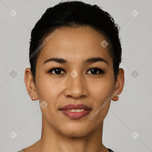 Joyful latino young-adult female with short  black hair and brown eyes