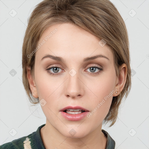 Neutral white young-adult female with medium  brown hair and grey eyes