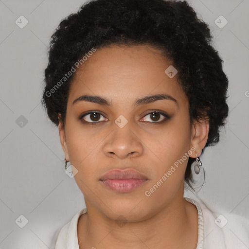 Neutral black young-adult female with short  black hair and brown eyes